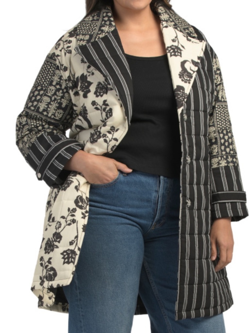 Avec Les Filles Quilted Patchwork Black & Cream Women’s Coat